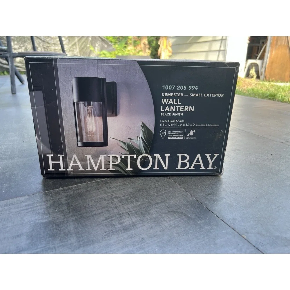 Hampton Bay Kempster Outdoor Wall Lantern, Black Finish Clear Glass, Hardwired